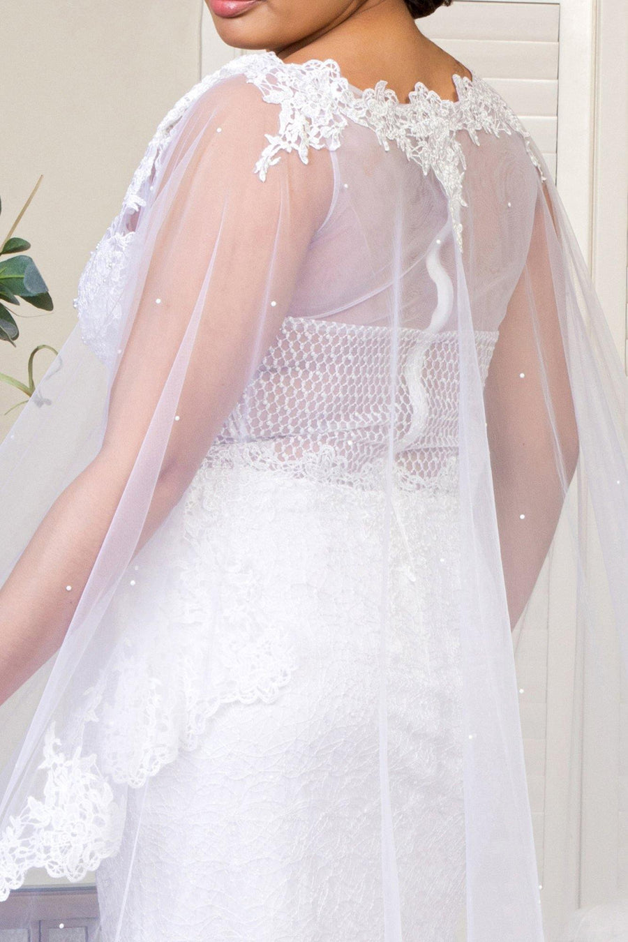 Long Sleeveless Cape Lace Wedding Gown - The Dress Outlet