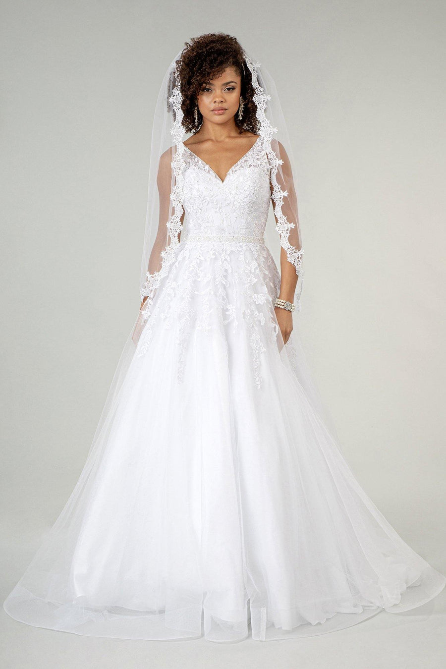 Long Sleeveless Embroidered Mesh Wedding Dress - The Dress Outlet