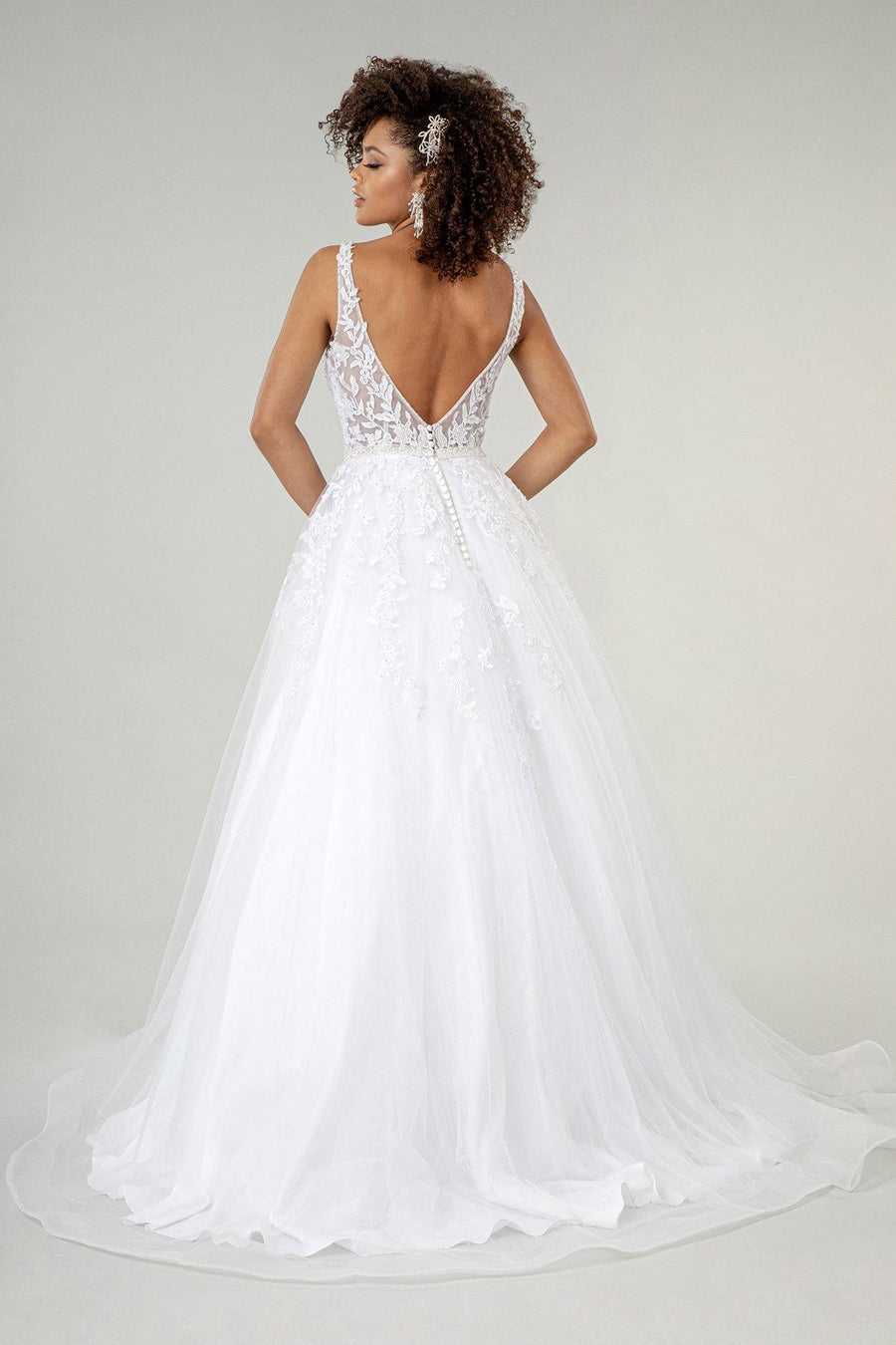 Long Sleeveless Embroidered Mesh Wedding Dress - The Dress Outlet