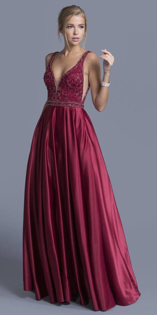 Long Sleeveless Formal Evening Prom Beaded Dress - The Dress Outlet