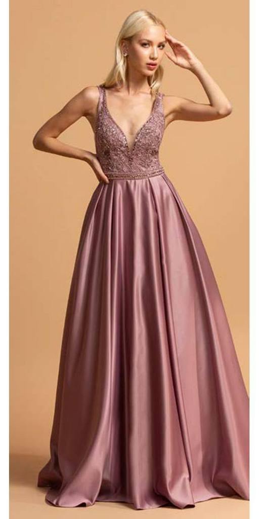 Long Sleeveless Formal Evening Prom Beaded Dress - The Dress Outlet