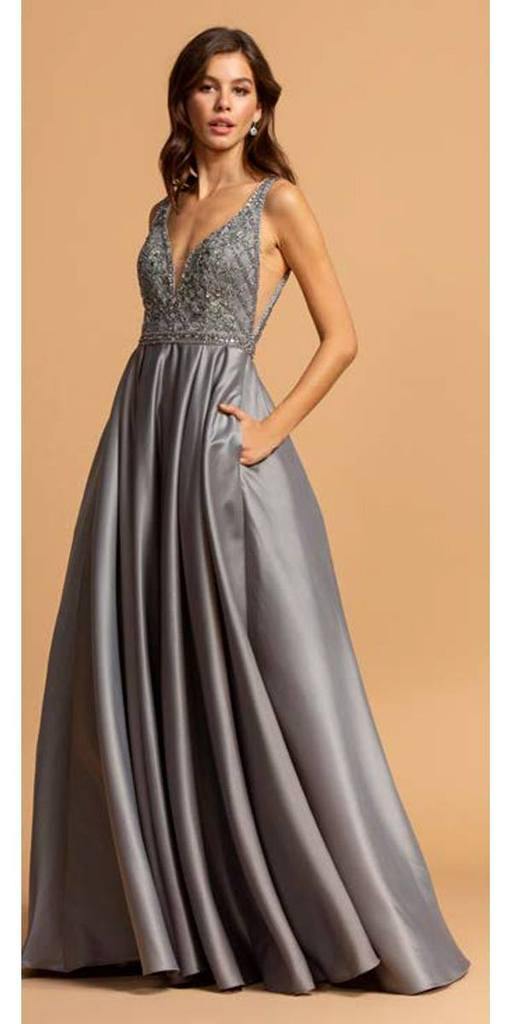 Long Sleeveless Formal Evening Prom Beaded Dress - The Dress Outlet