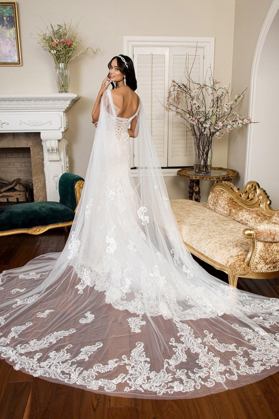 Long Sleeveless V Neck Mermaid Mesh Wedding Gown - The Dress Outlet