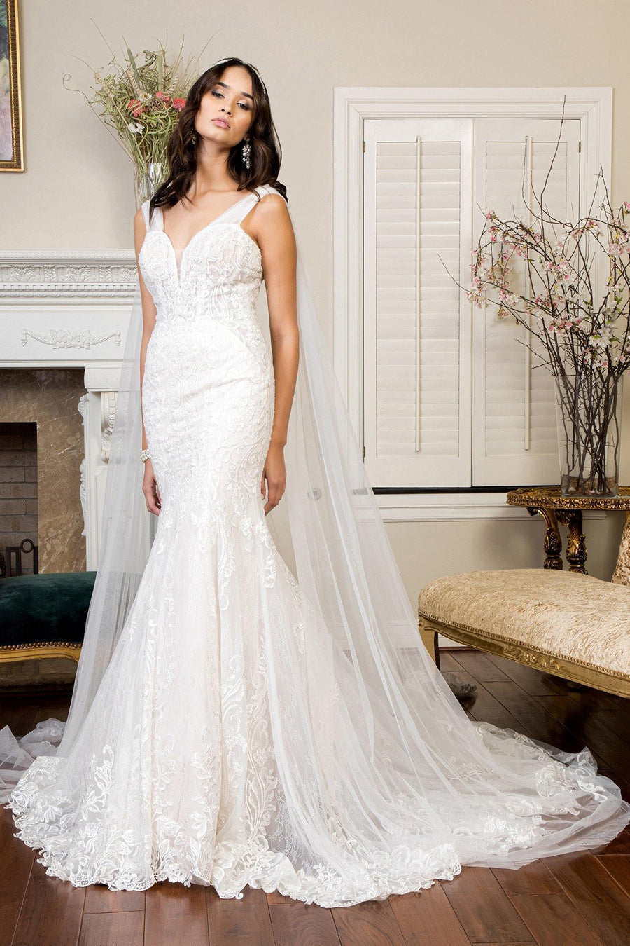 Long Sleeveless V Neck Mermaid Mesh Wedding Gown - The Dress Outlet