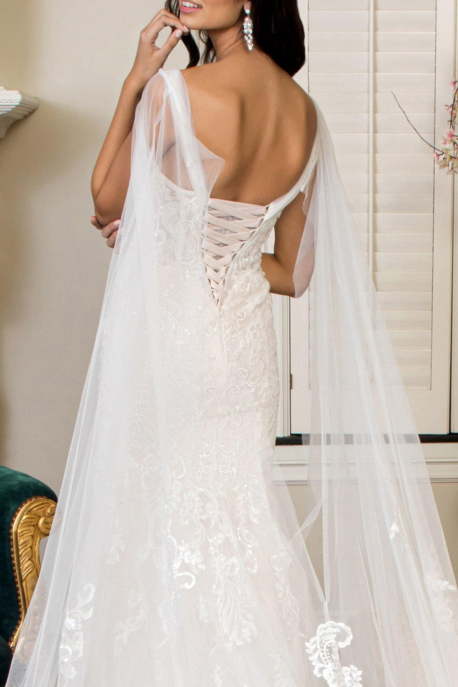 Long Sleeveless V Neck Mermaid Mesh Wedding Gown - The Dress Outlet