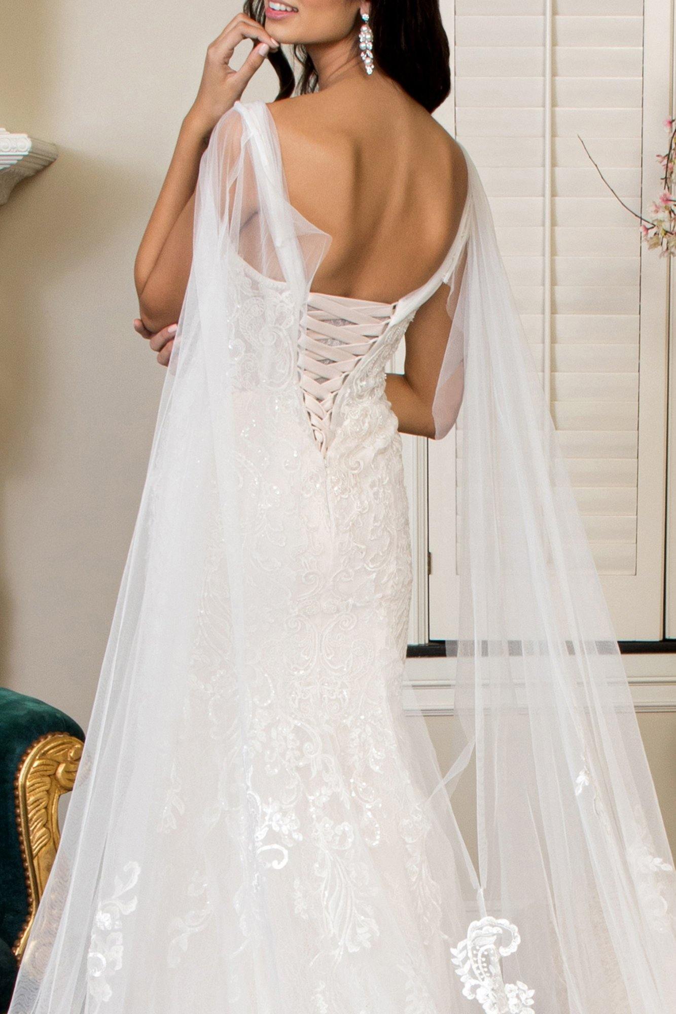 Long Sleeveless V Neck Mermaid Mesh Wedding Gown - The Dress Outlet