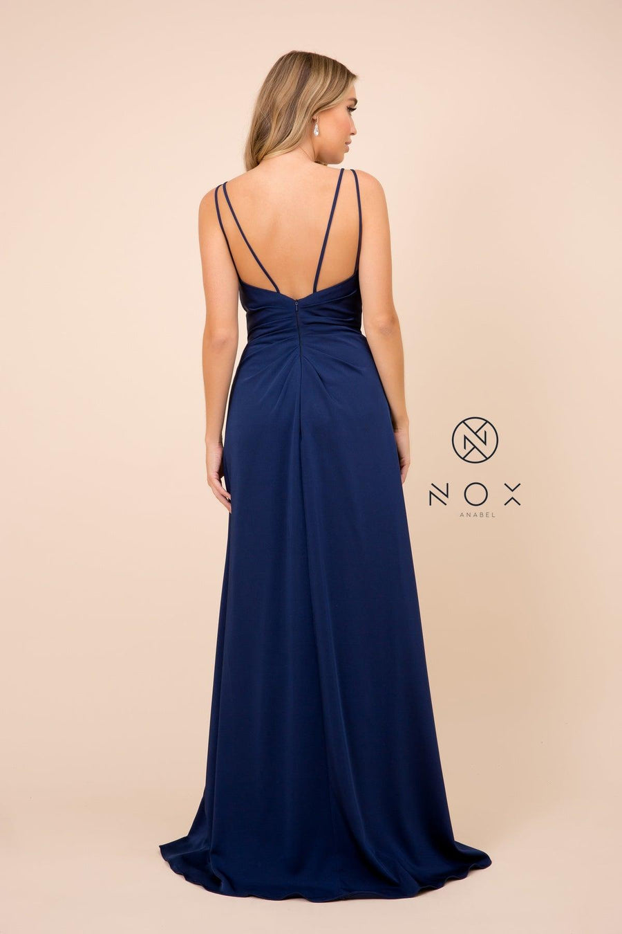 Long Sleeveless V Neck Open Back Formal Evening Gown - The Dress Outlet Nox Anabel