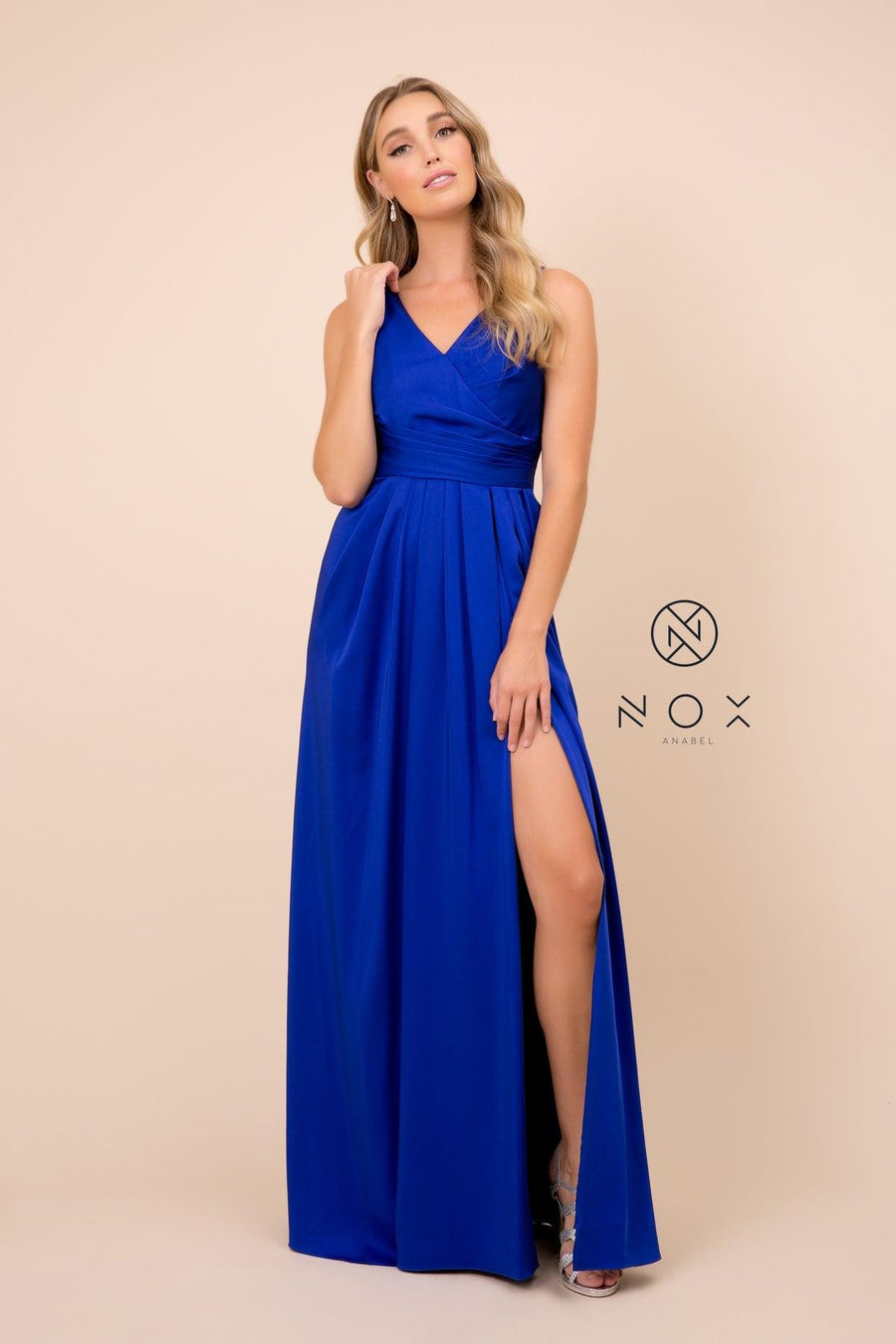 Long Sleeveless V Neck Open Back Formal Evening Gown - The Dress Outlet Nox Anabel