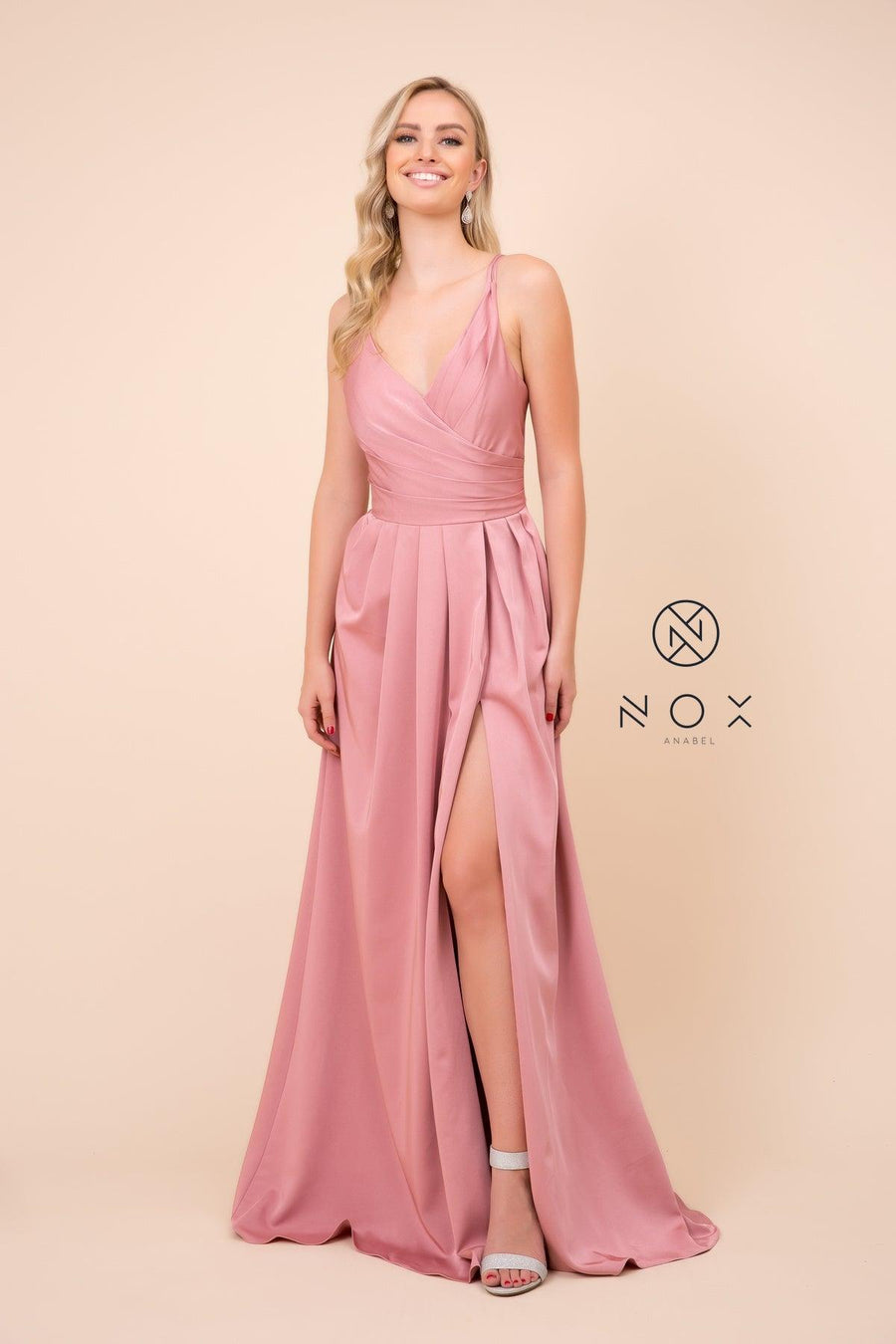 Long Sleeveless V Neck Open Back Formal Evening Gown - The Dress Outlet Nox Anabel