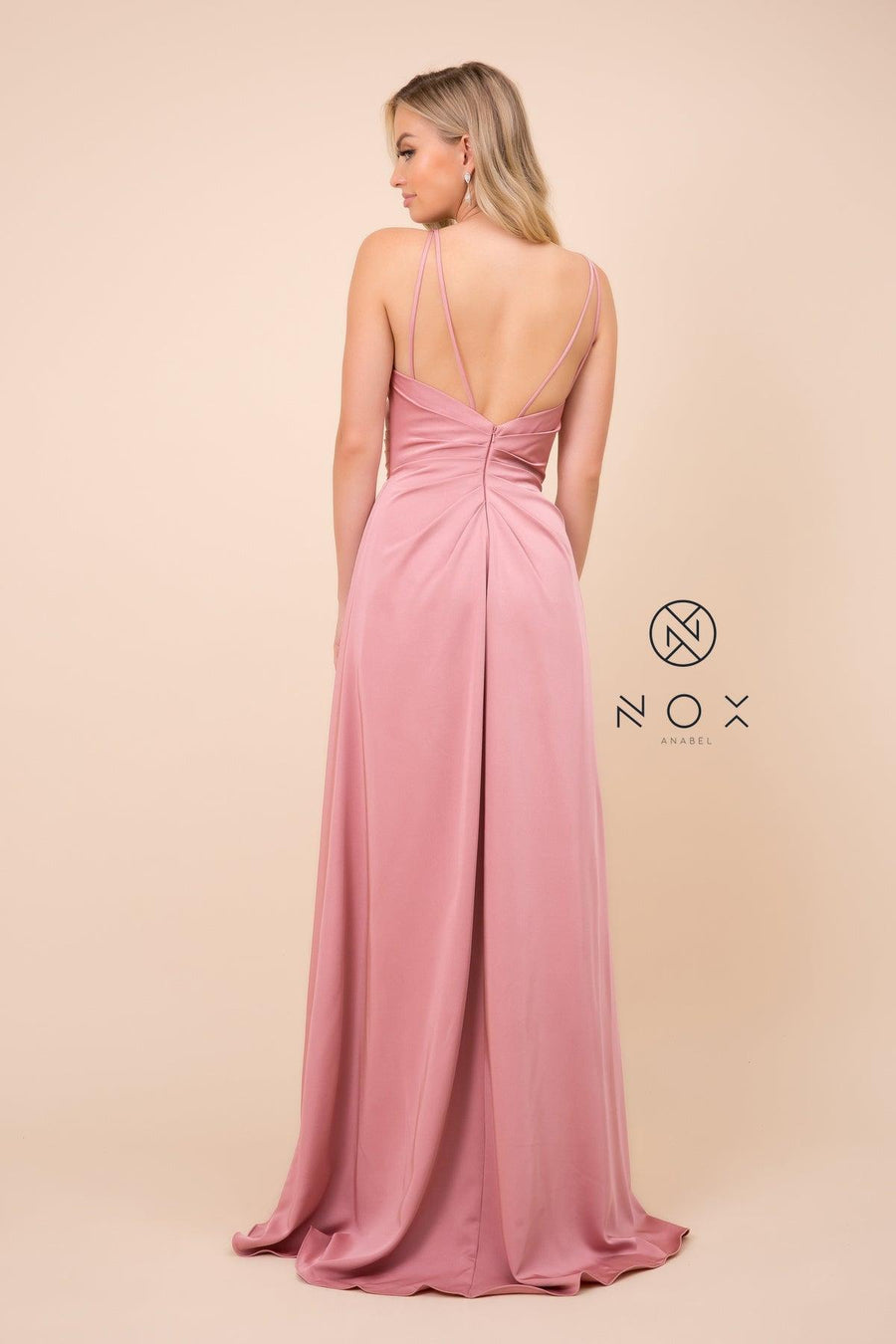 Long Sleeveless V Neck Open Back Formal Evening Gown - The Dress Outlet Nox Anabel