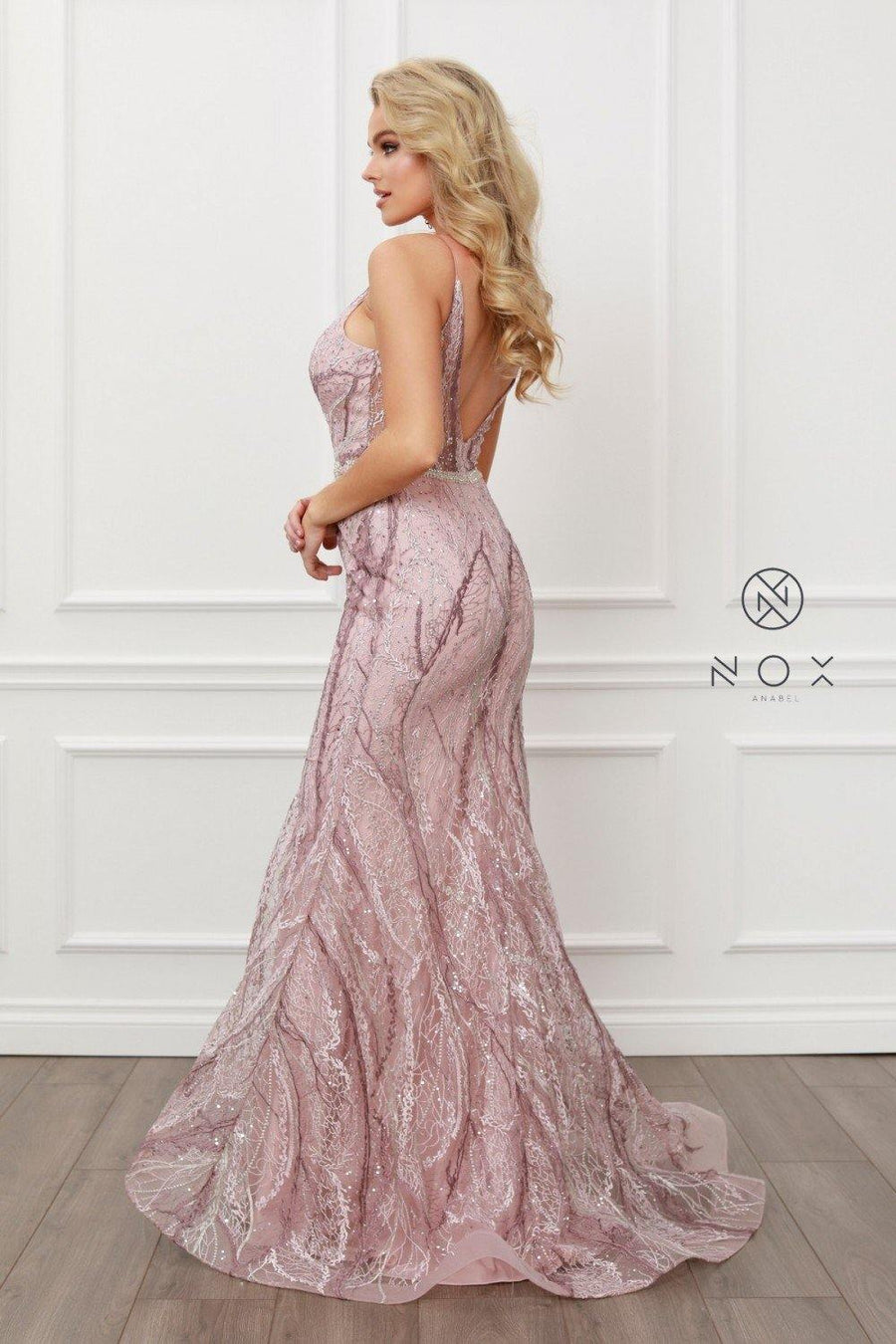 Long Spaghetti Beaded Lace Mermaid Prom Gown Formal - The Dress Outlet