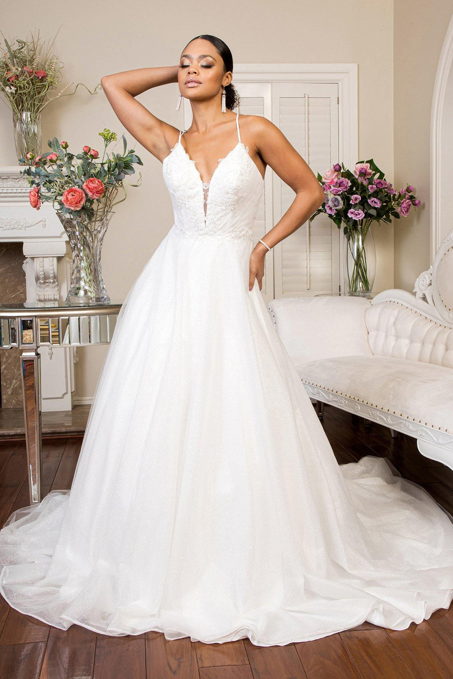 Long Spaghetti Strap Glitter Mesh Wedding Dress - The Dress Outlet