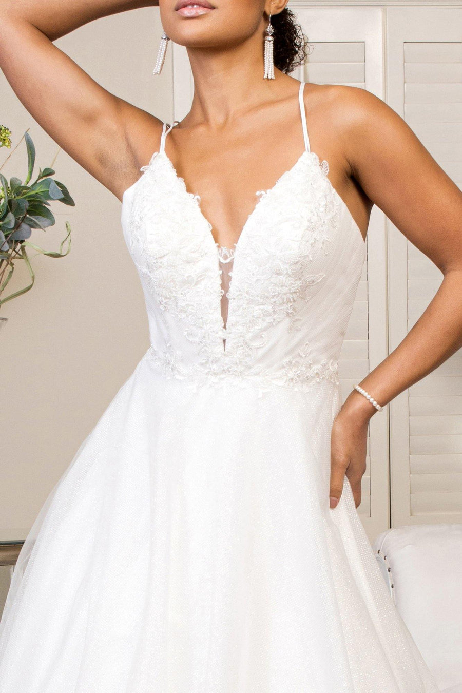 Long Spaghetti Strap Glitter Mesh Wedding Dress - The Dress Outlet