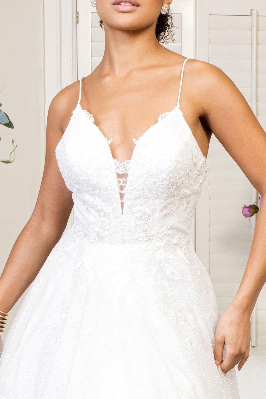 Long Spaghetti Strap Glitter Mesh Wedding Gown - The Dress Outlet