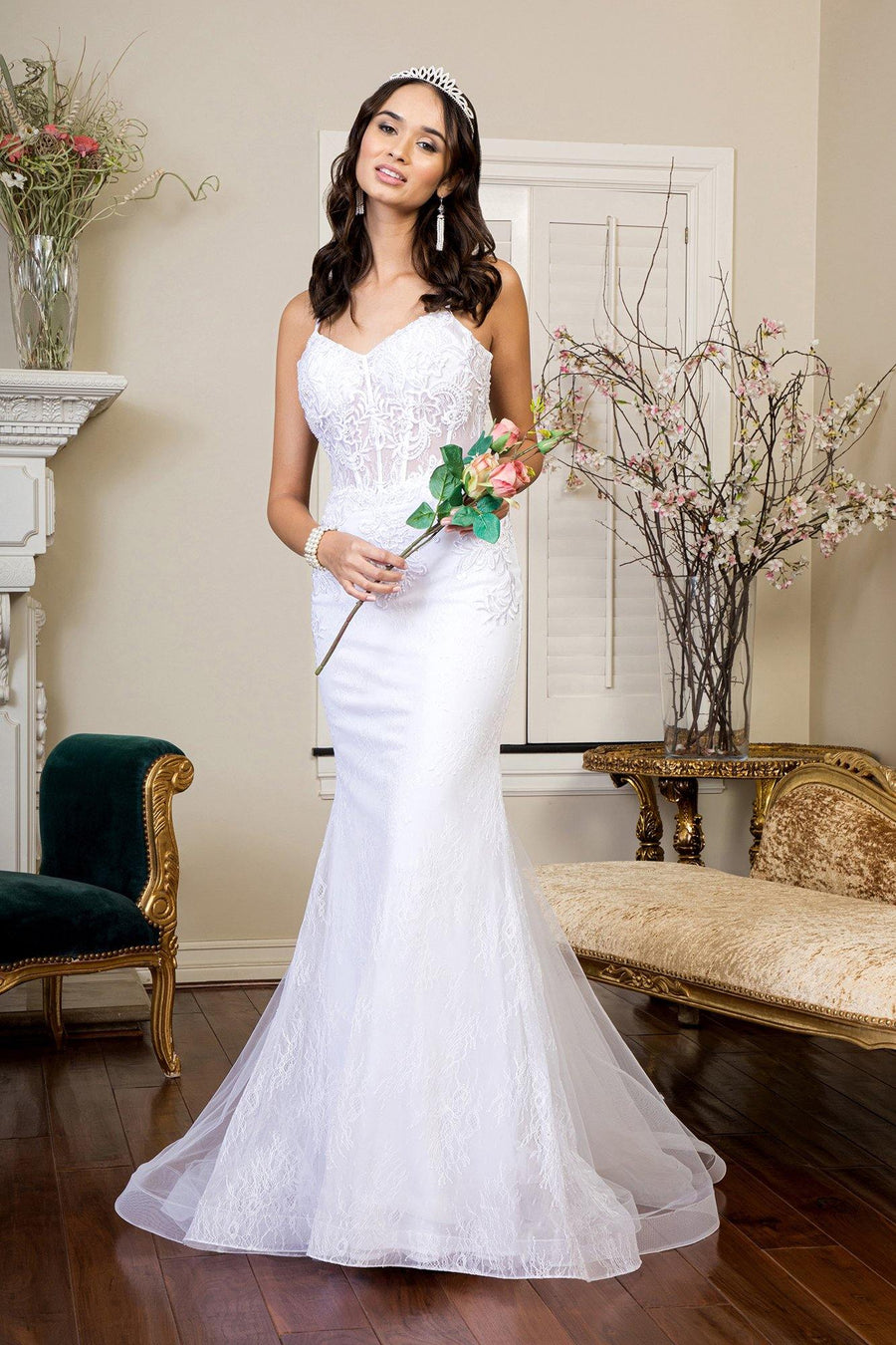 Long Spaghetti Strap Mermaid Wedding Gown - The Dress Outlet