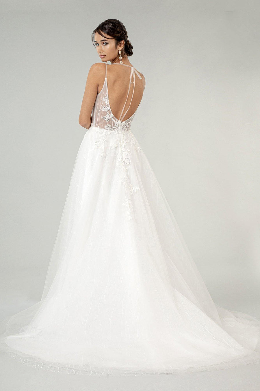 Long Spaghetti Strap Sheer Bodice Wedding Gown - The Dress Outlet