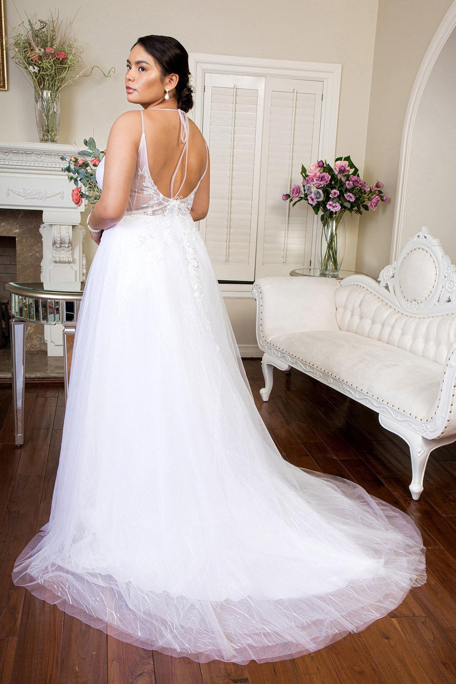 Long Spaghetti Strap Sheer Bodice Wedding Gown - The Dress Outlet