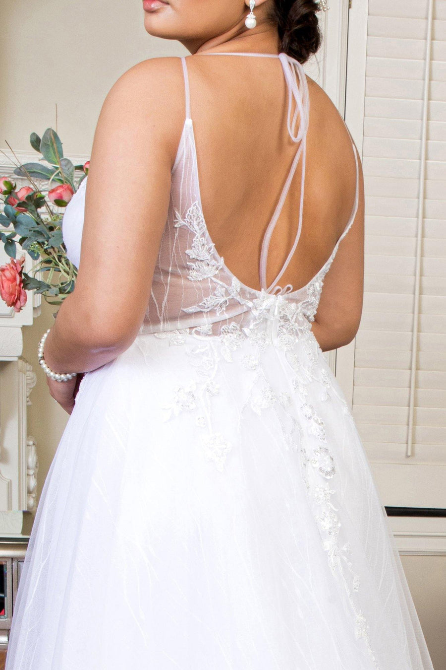 Long Spaghetti Strap Sheer Bodice Wedding Gown - The Dress Outlet