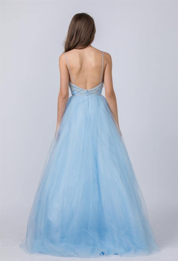 Long Spaghetti Straps Embellished Prom Ball Gown - The Dress Outlet