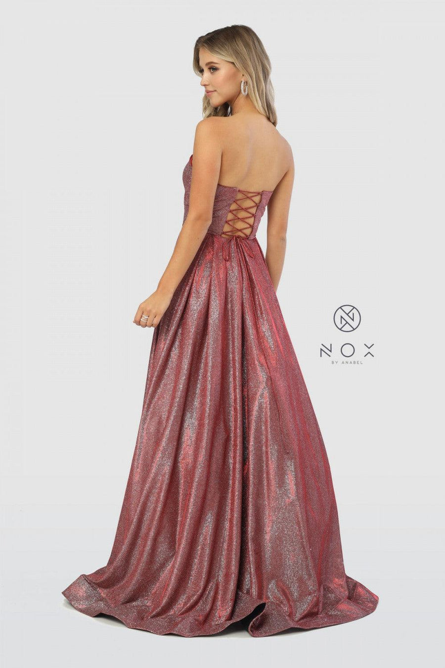 Long Strapless Metallic Prom Long Dress Evening Gown - The Dress Outlet Nox Anabel