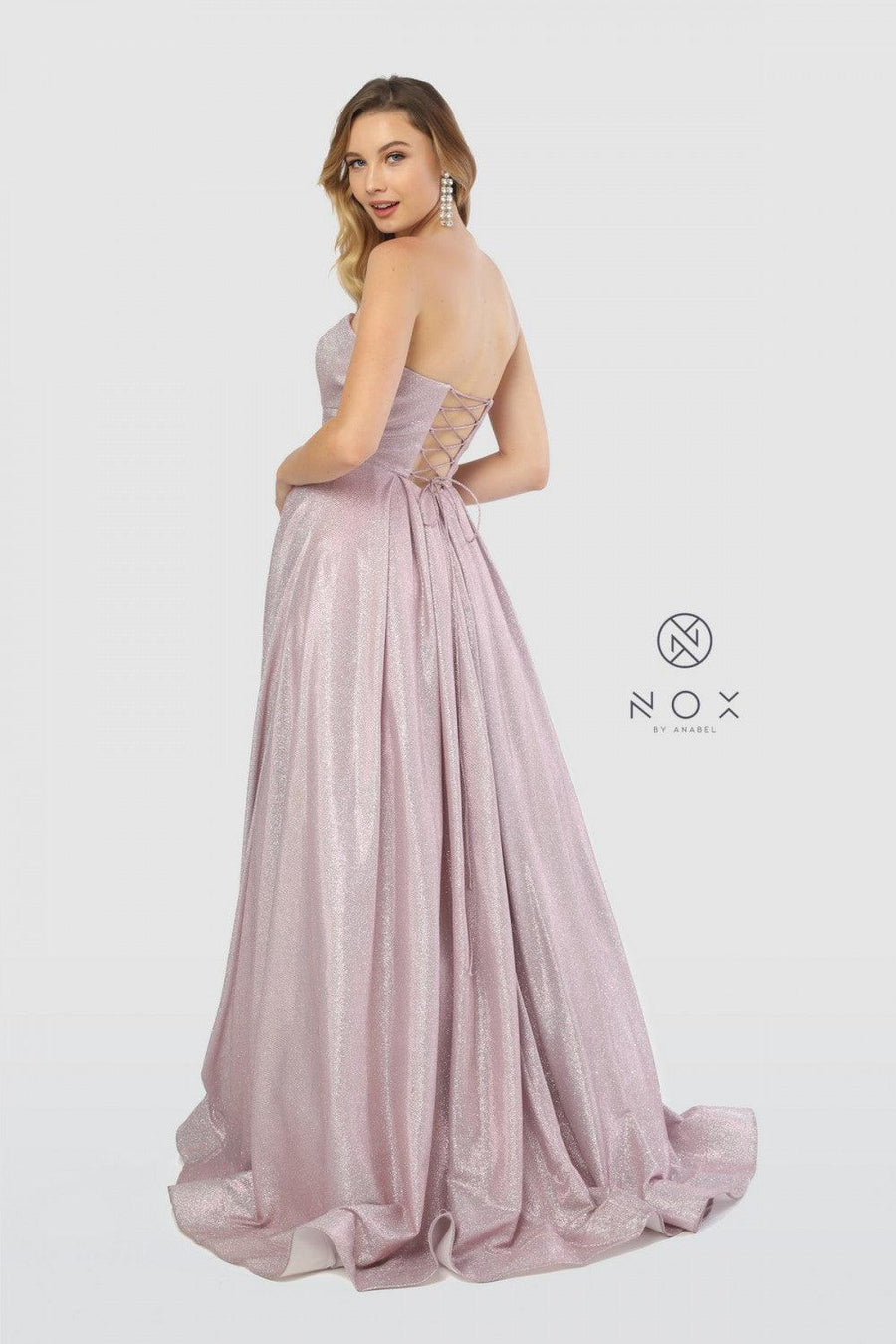 Long Strapless Metallic Prom Long Dress Evening Gown - The Dress Outlet Nox Anabel