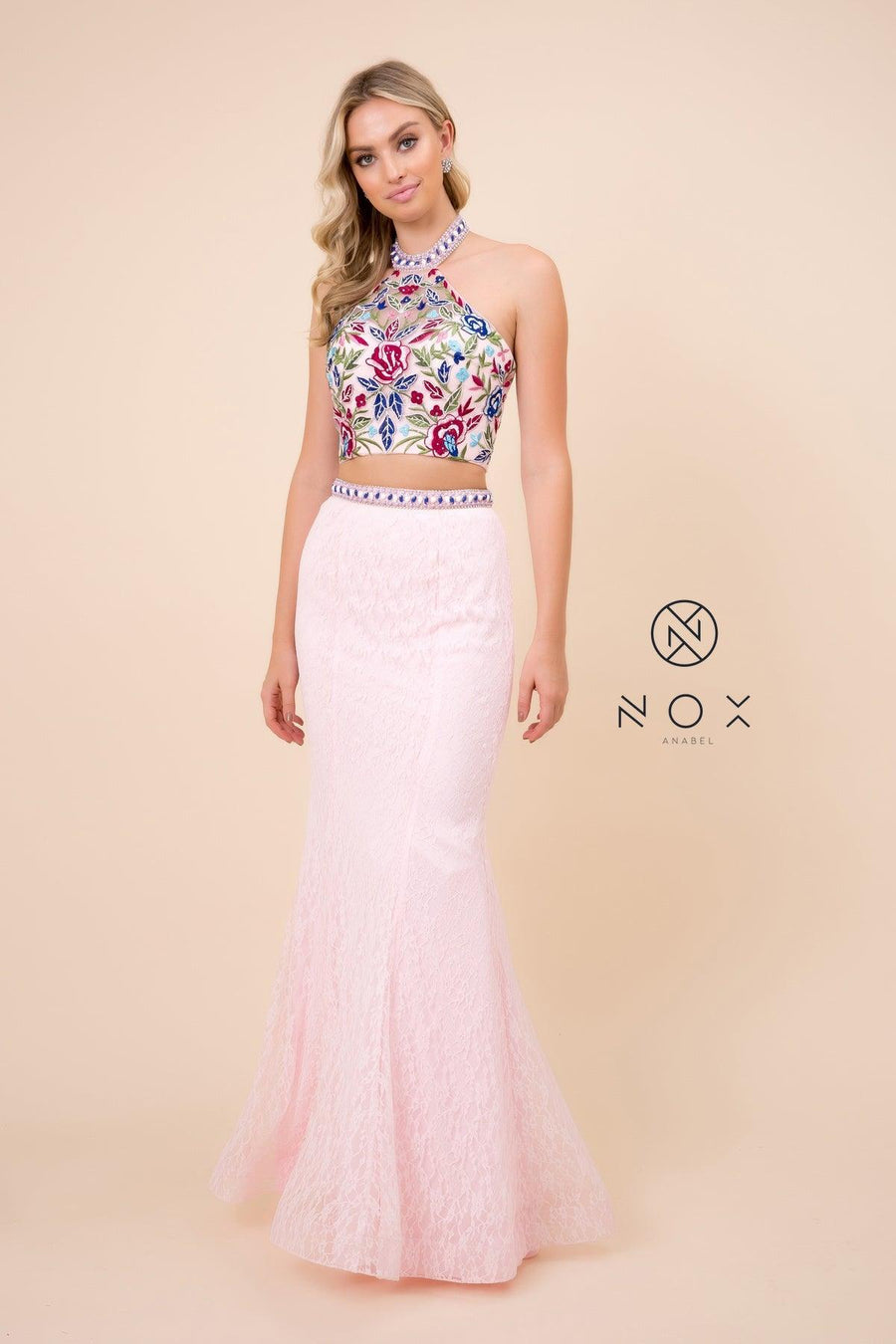 Long Two Piece Halter Prom Dress Evening Gown - The Dress Outlet Nox Anabel