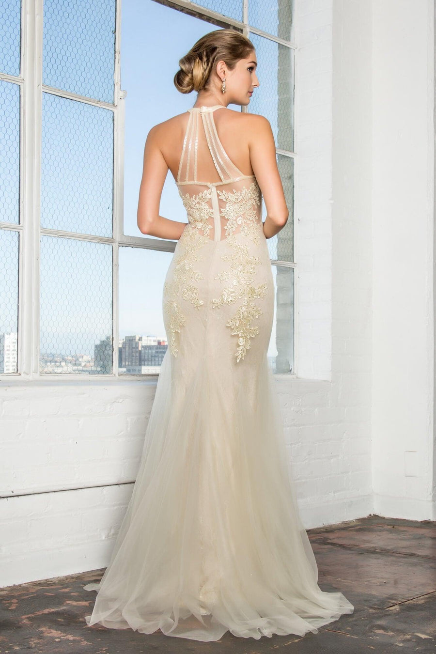 Long Wedding Dress Halter Lace Mermaid Gown - The Dress Outlet Elizabeth K