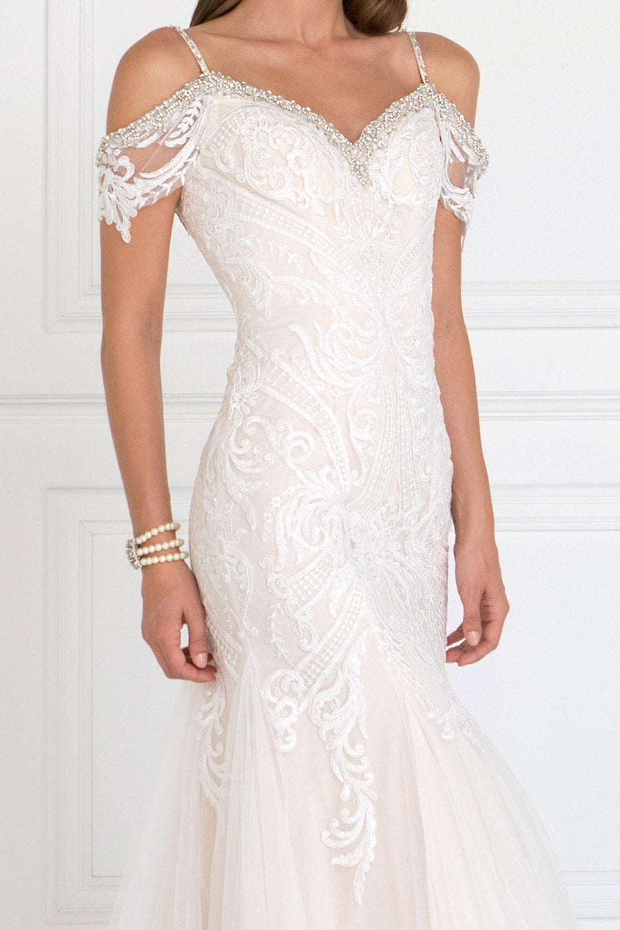 Long Wedding Dress with Lace Applique - The Dress Outlet Elizabeth K