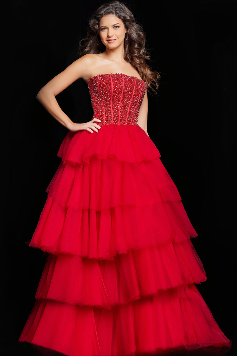 Prom Dresses Strapless Beaded Corset Prom Gown Red