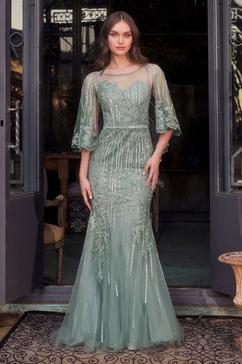 Formal Dresses Long Formal Fitted Lace Capelet Evening Dress Sage