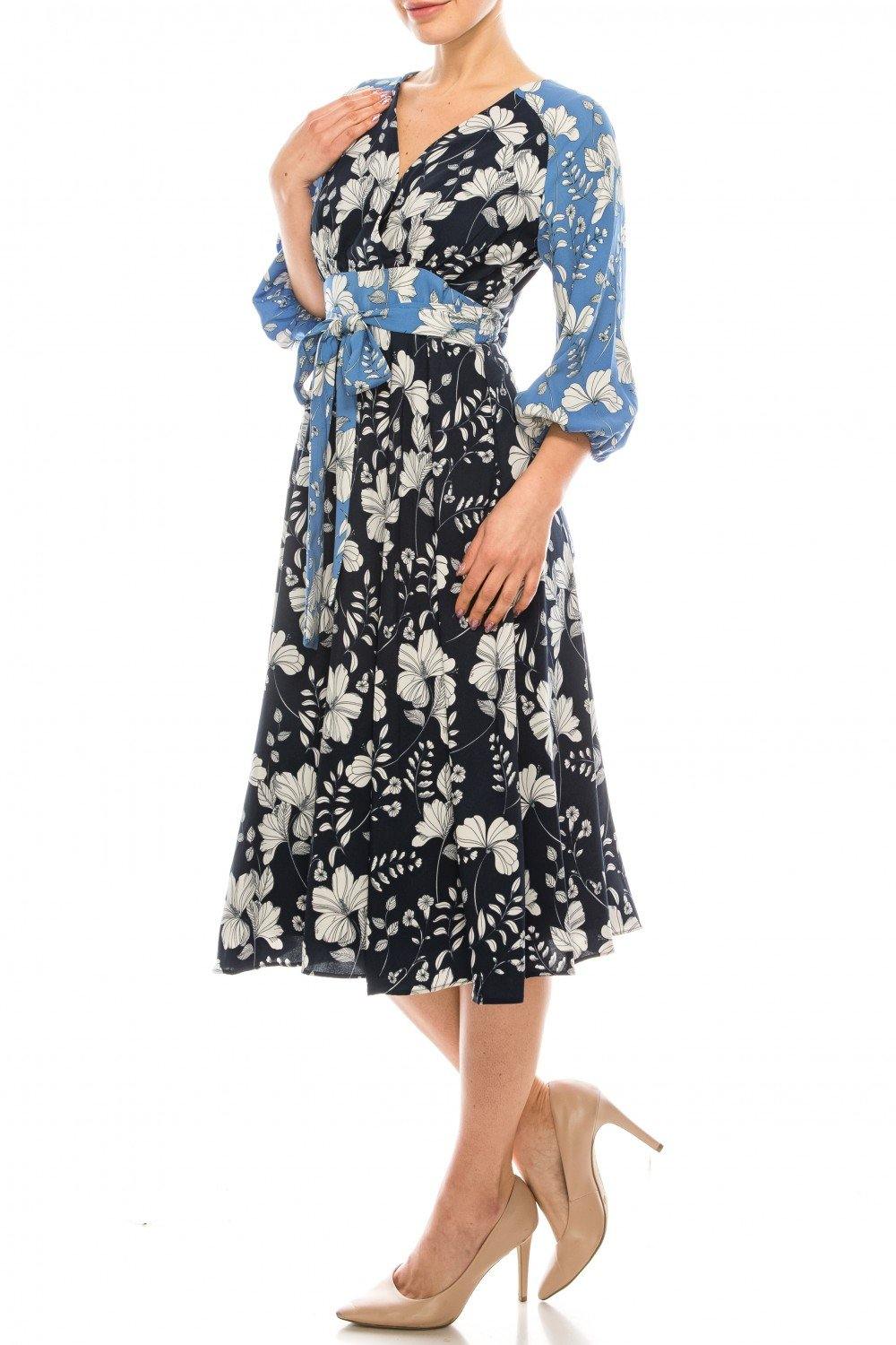 Maison Tara Dual Floral Printed A-Line Midi Dress - The Dress Outlet