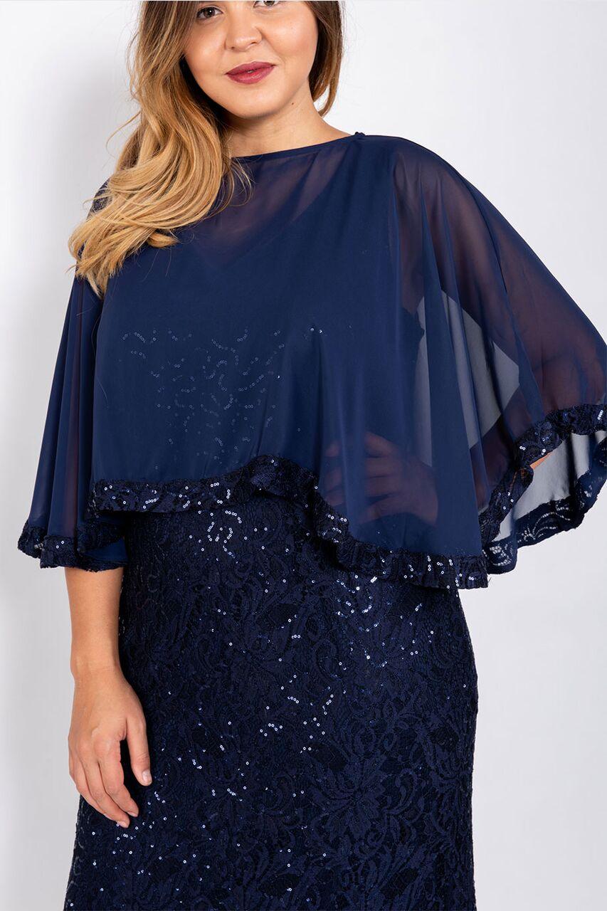 Marina Long Plus Size Lace Formal Cape Dress Navy - The Dress Outlet Marina