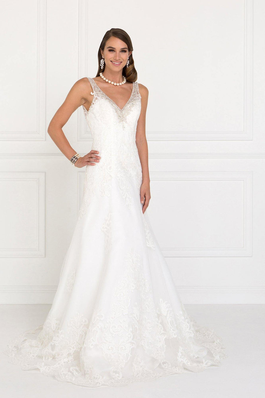 Mesh A-Line Long Dress Wedding Gown with Jewels - The Dress Outlet Elizabeth K