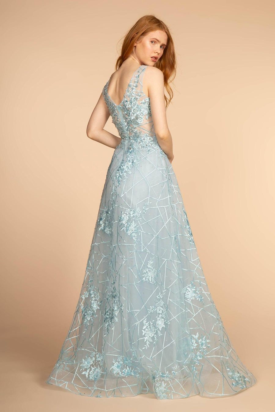 Mesh Illusion Embroidery Long Prom Dress - The Dress Outlet Elizabeth K