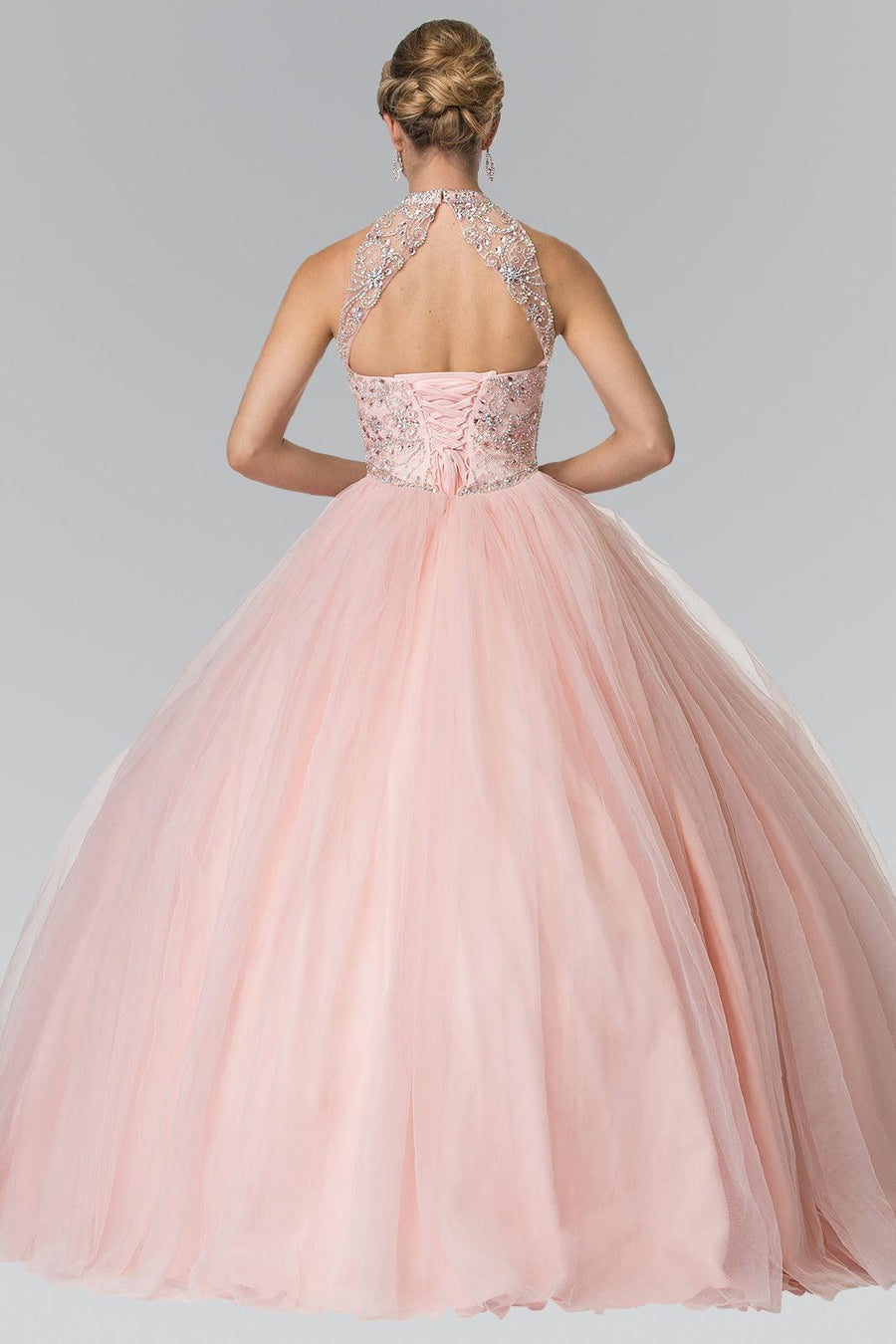 Mesh Long Quinceanera Dress with Beaded Bodice - The Dress Outlet