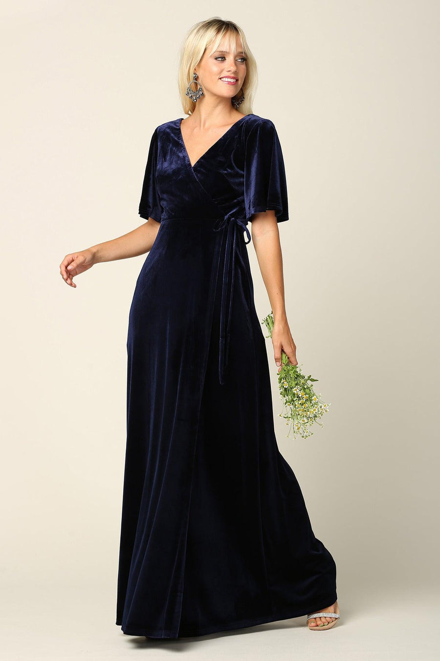 Navy 3XL Mother of the Bride Long Flutter Sleeve Velvet Gown Sale