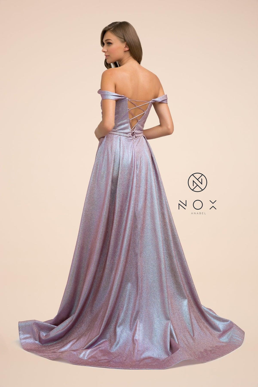 Off  Shoulder Metallic Glitter Prom Long Ball Gown - The Dress Outlet