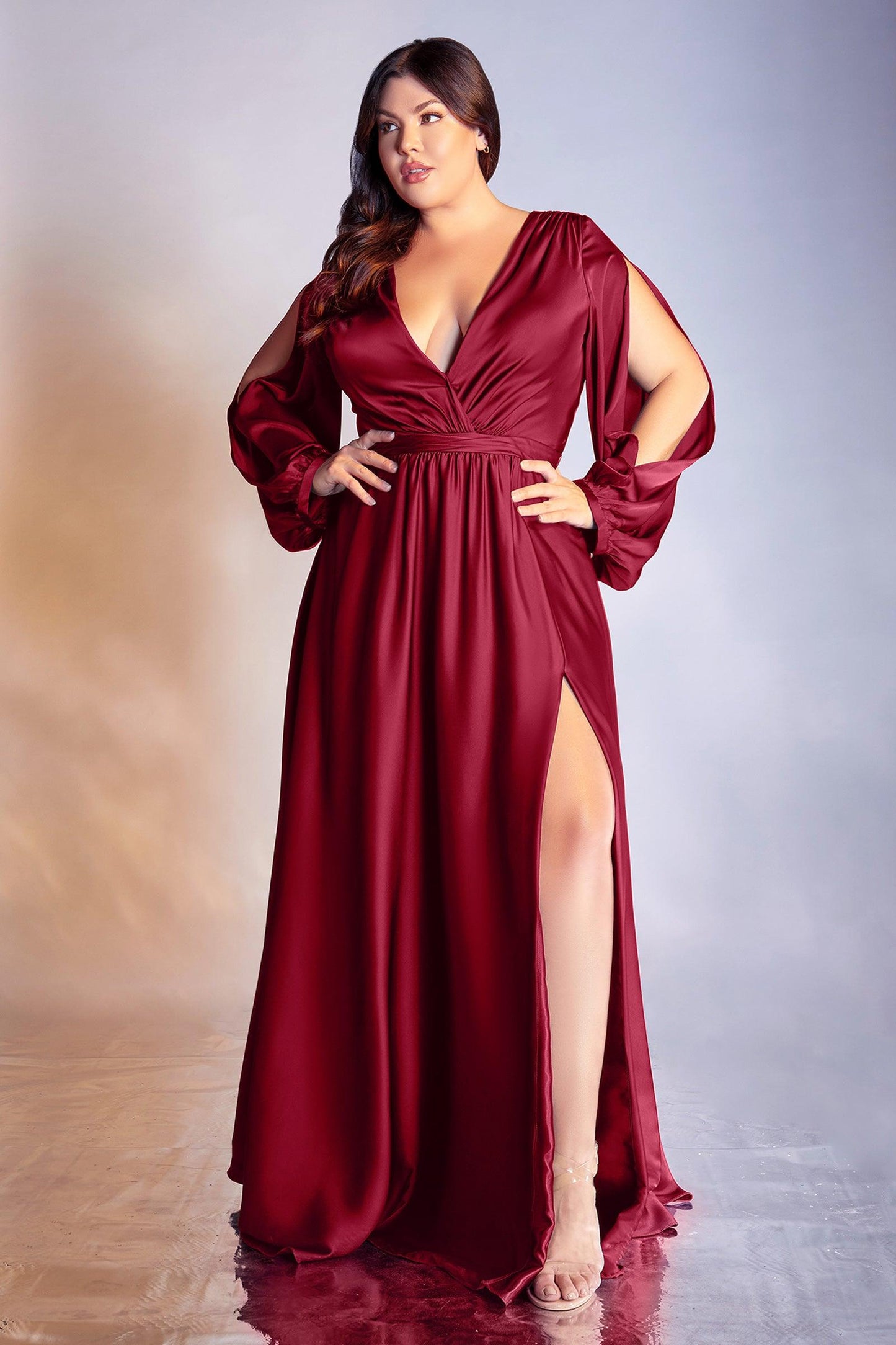 Cinderella Divine 7475C Plus Size Formal Long Sleeve Satin Dress Burgundy