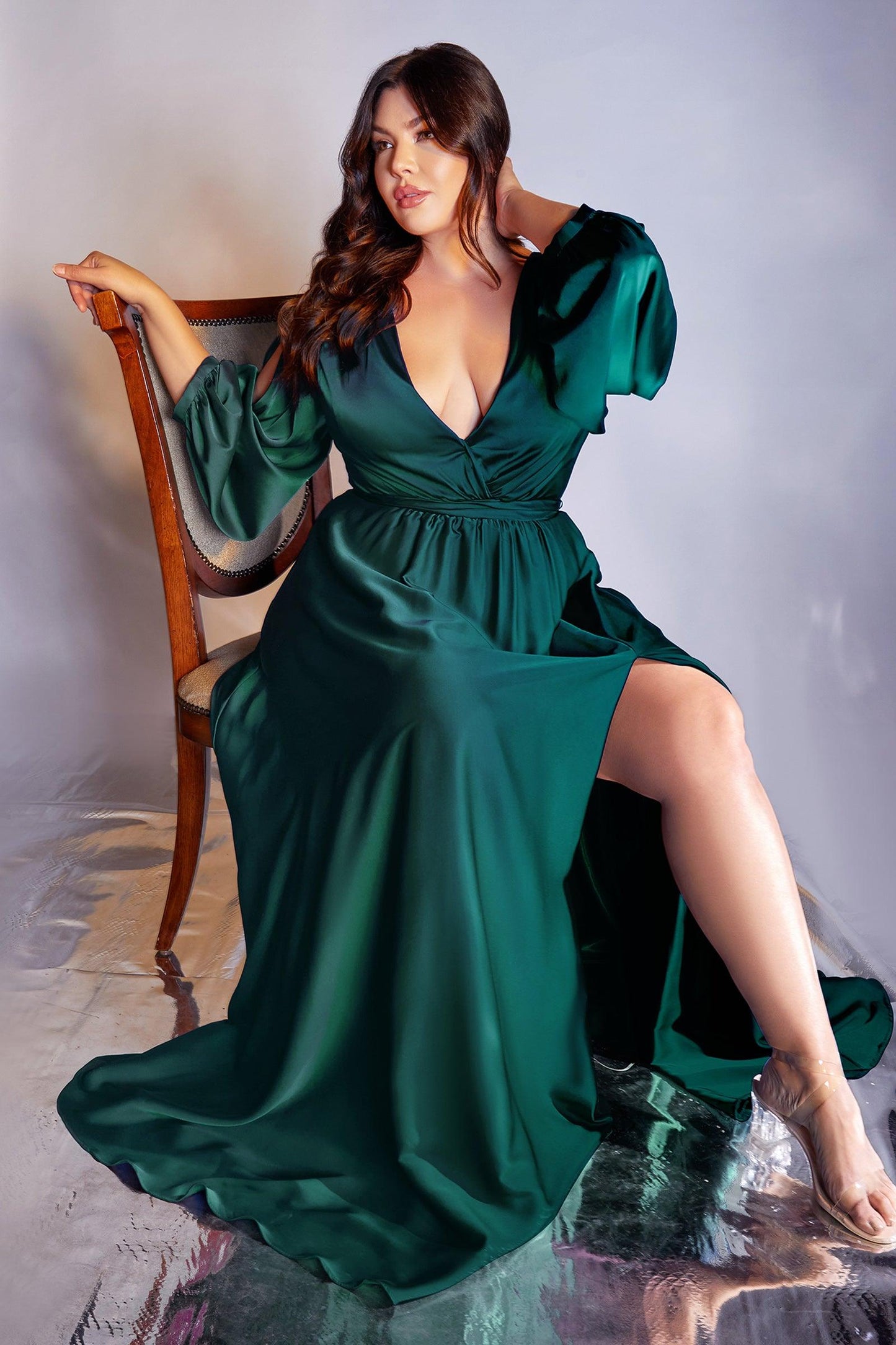 Cinderella Divine 7475C Plus Size Formal Long Sleeve Satin Dress Emerald