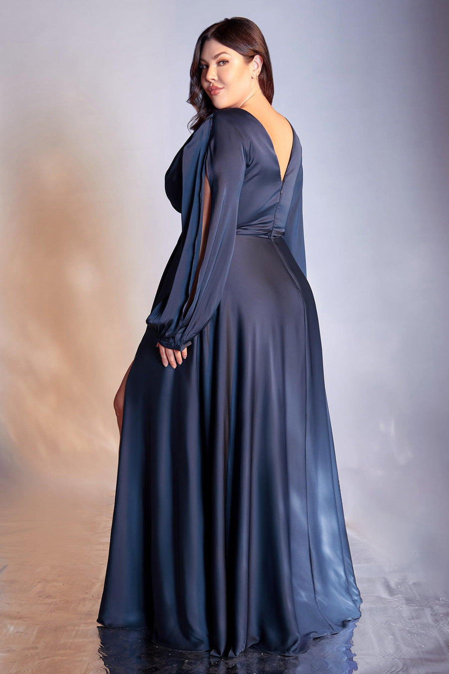 Cinderella Divine 7475C Plus Size Formal Long Sleeve Satin Dress Navy