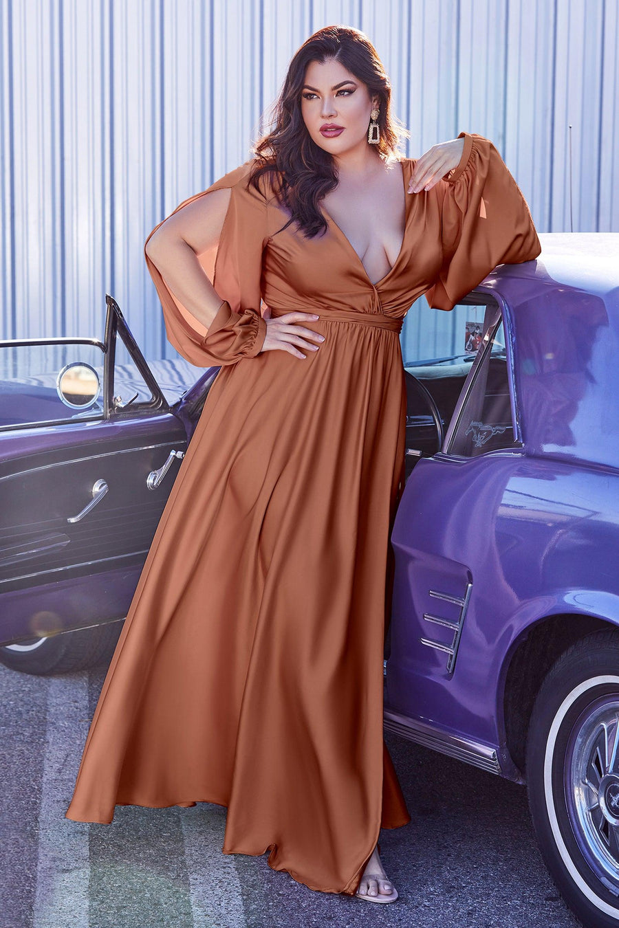 Cinderella Divine 7475C Plus Size Formal Long Sleeve Satin Dress Sienna