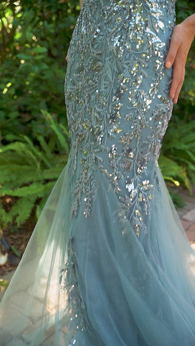 Smoky Blue Andrea & Leo A1118 Beaded Lace Applique Mermaid Prom Gown for  $295.0 – The Dress Outlet