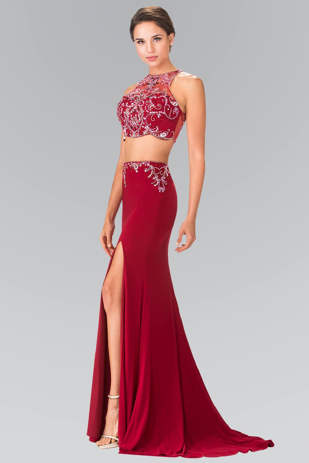 burgundy 2 piece prom dress