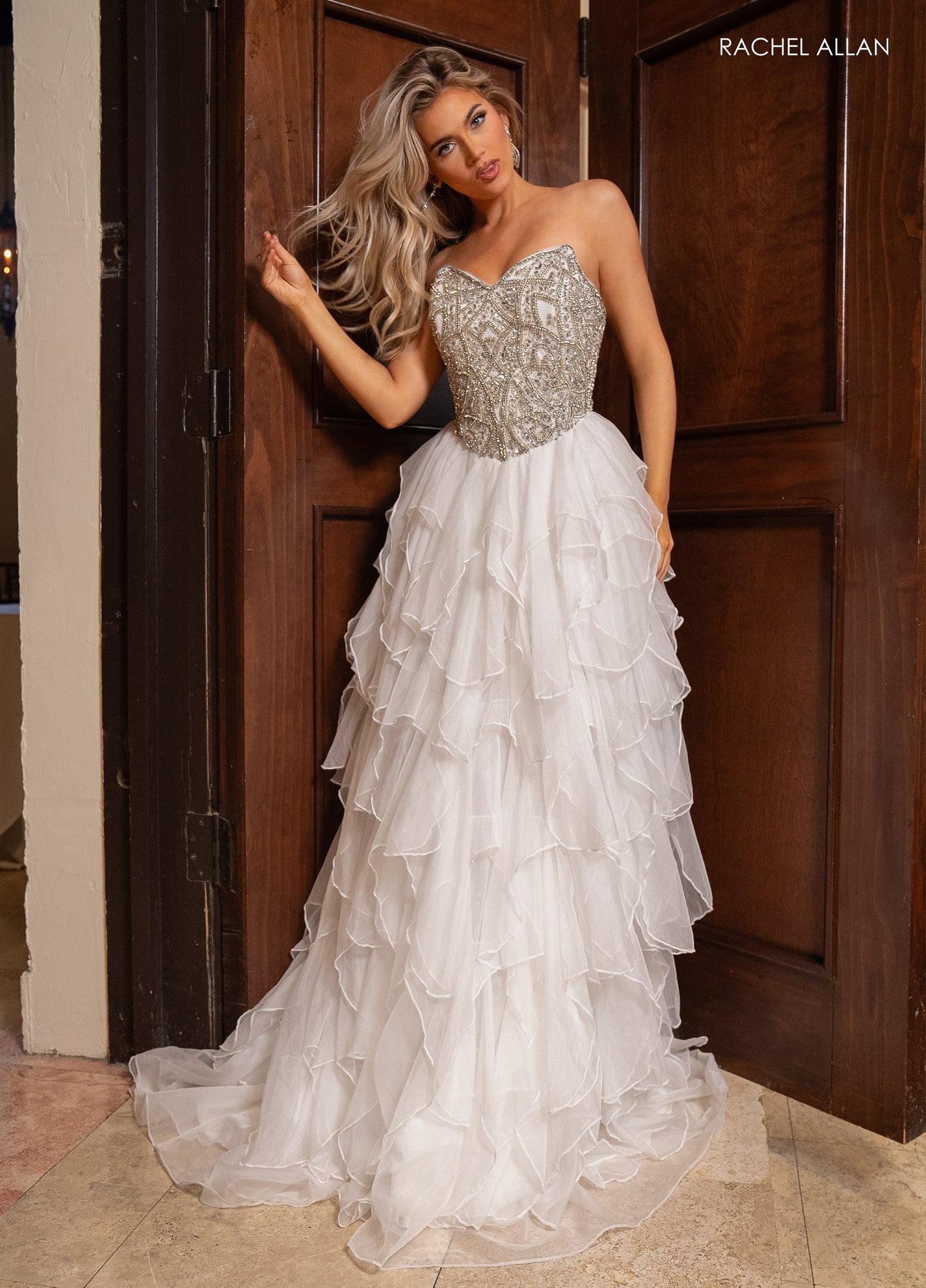 Prom Dresses Beaded Long A Line Ruffle Formal Prom Dress White