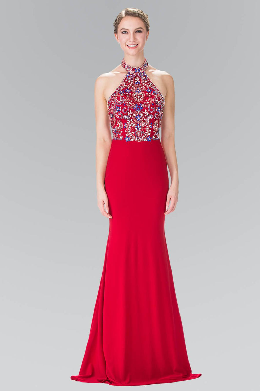 Prom Long Beaded Halter Neck Evening Formal Dress - The Dress Outlet Elizabeth K