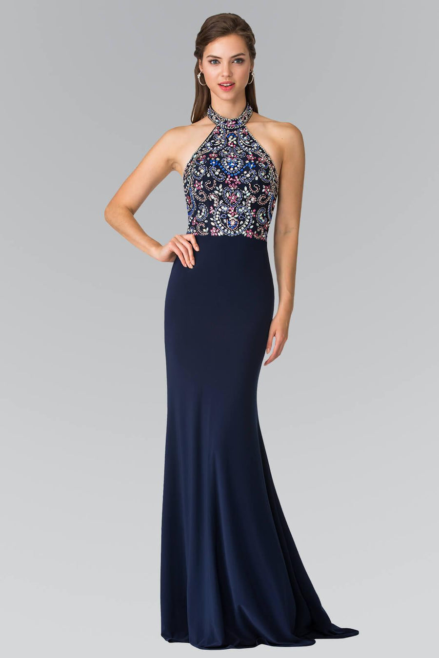 Prom Long Beaded Halter Neck Evening Formal Dress - The Dress Outlet Elizabeth K