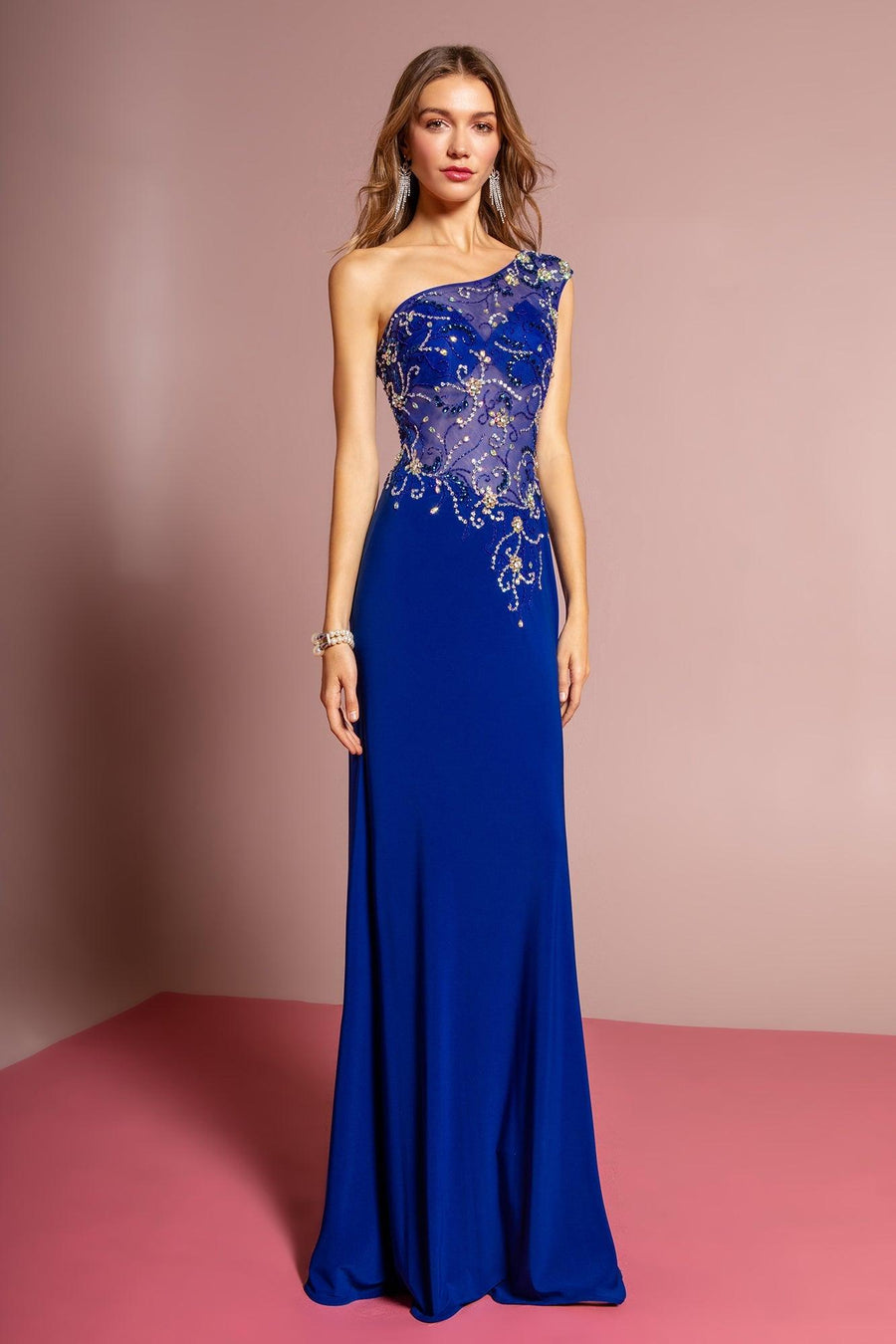 Prom Long Beaded One Shoulder Formal Evening Dress - The Dress Outlet Elizabeth K