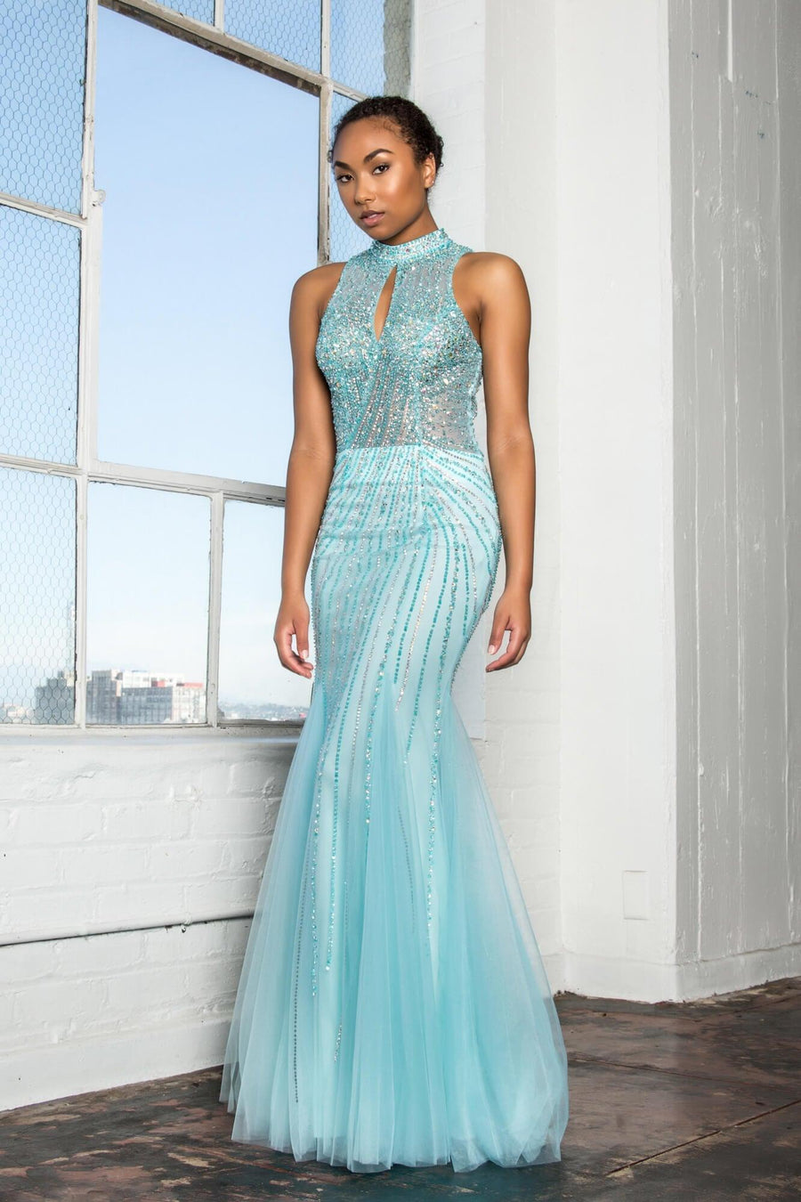 Prom Long Formal Beaded Halter Trumpet Gown - The Dress Outlet Elizabeth K