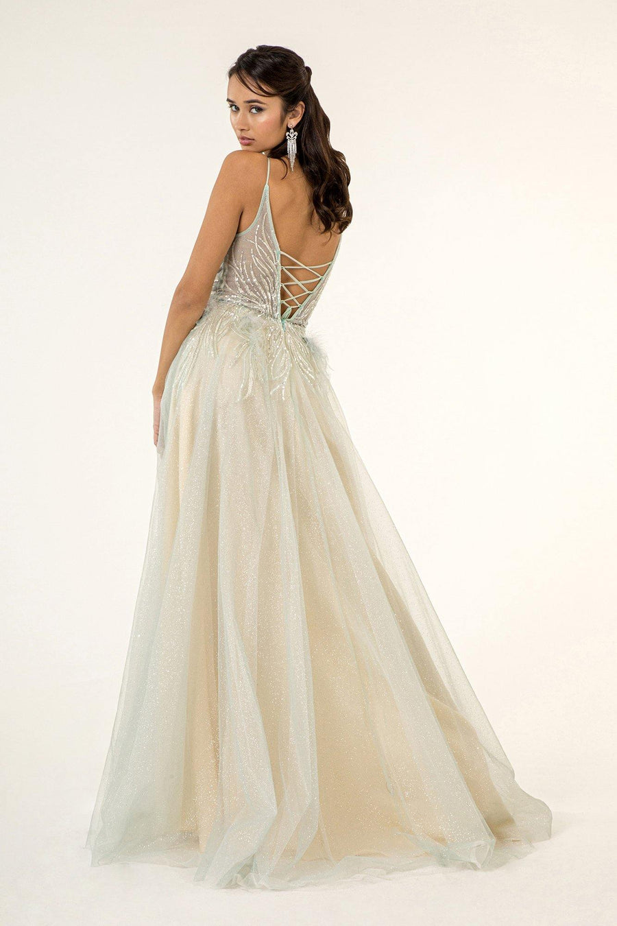 Prom Long Formal Spaghetti Strap Glitter Mesh Dress - The Dress Outlet