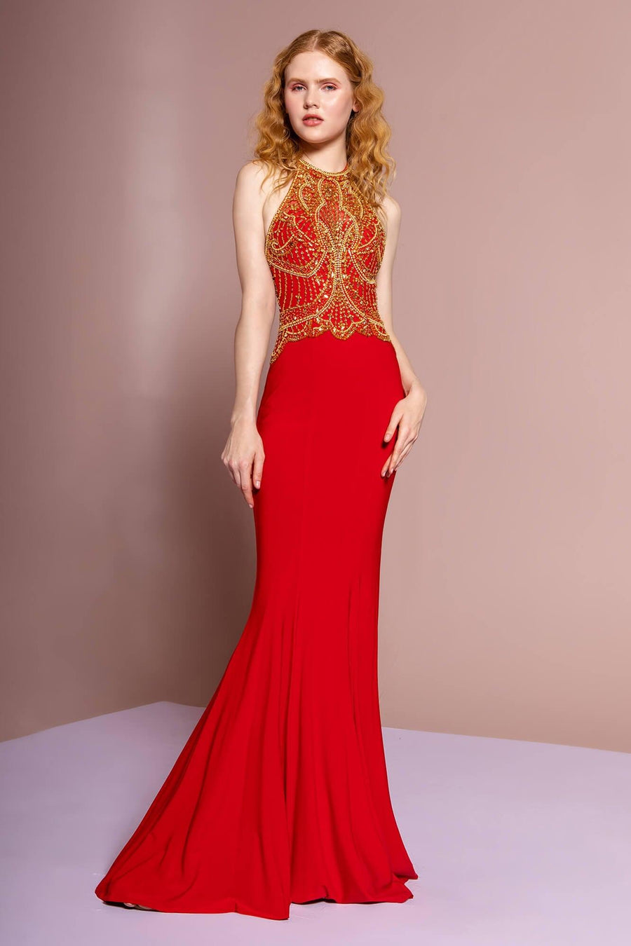 Prom Long Halter Dress Beaded Bodice Evening Gown - The Dress Outlet Elizabeth K